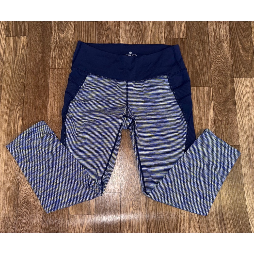 Athleta Striped Capri Leggings Navy Blue Yellow‎ XS Activewear Workout Pants
